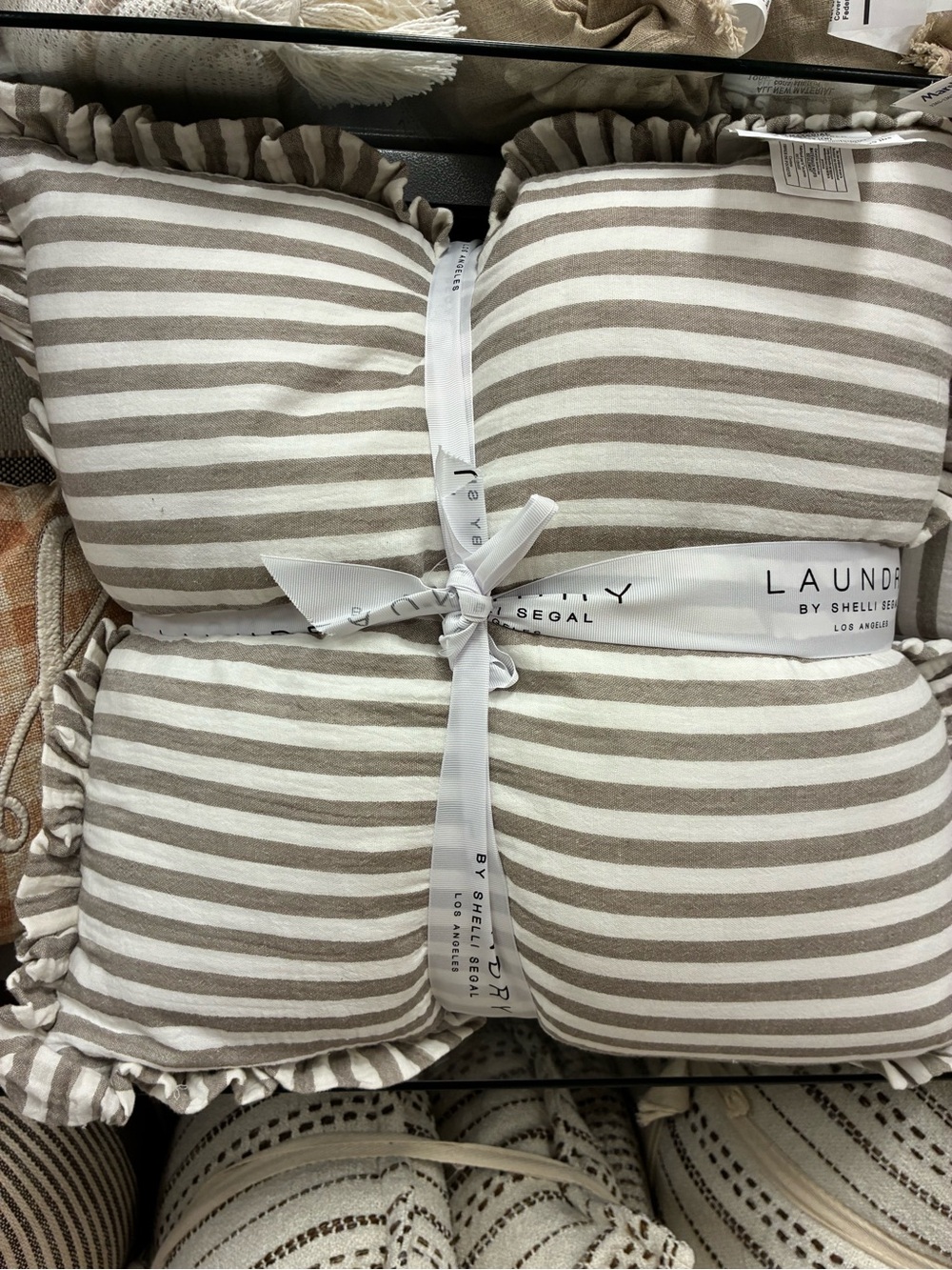 Laundry By Shelli Segal Taupe and White Striped Ruffled Throw Pillow